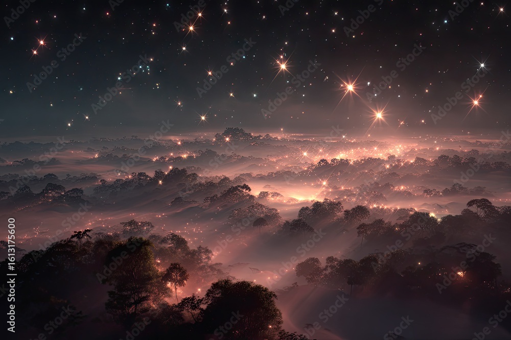 Fototapeta premium Misty forest at night, glowing with city lights and stars