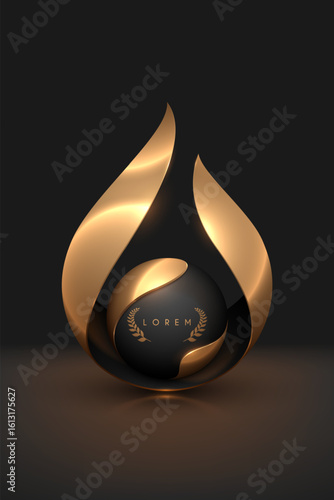 Abstract black and gold shapes with sphere on black background