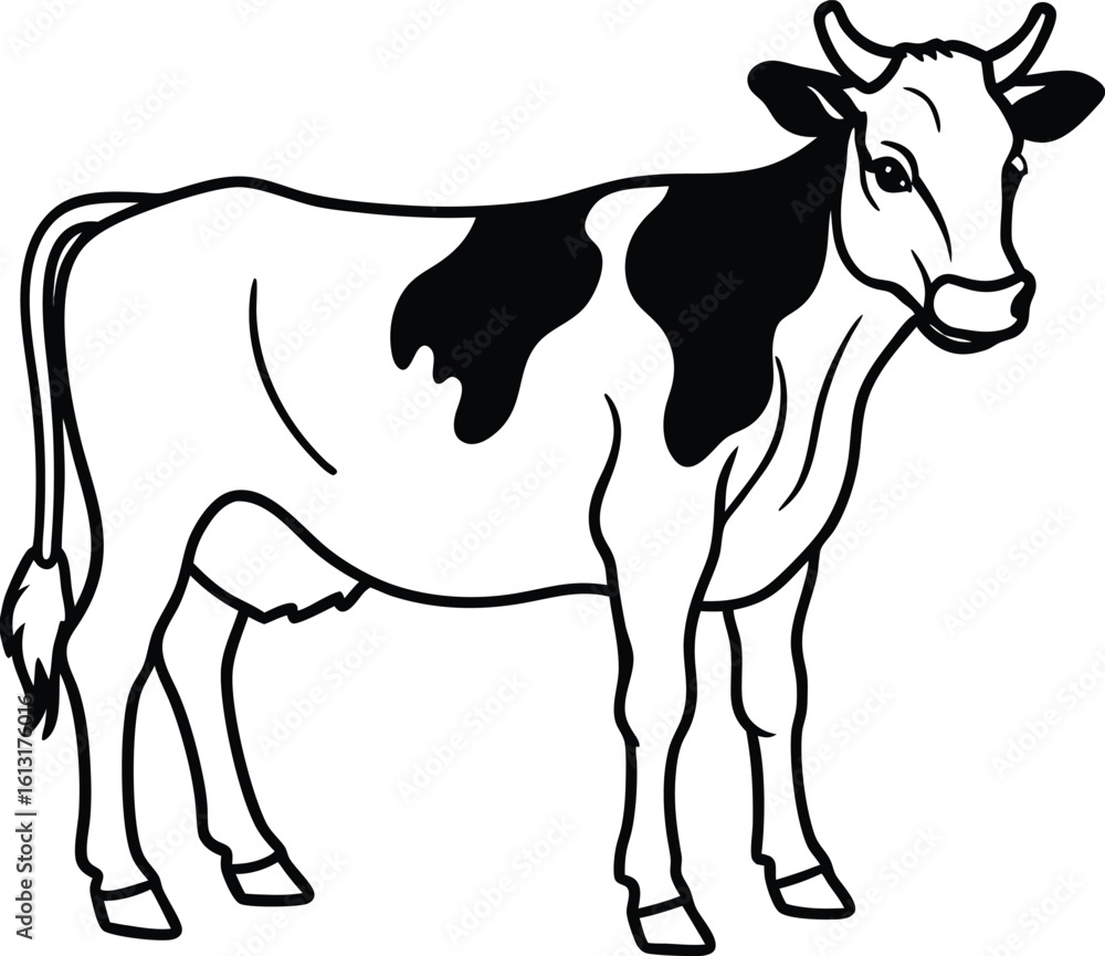 Fototapeta premium Black and white line drawing of a Holstein cow standing cattle livestock