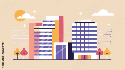 city buildings with trees and sun in a flat design style with a light background