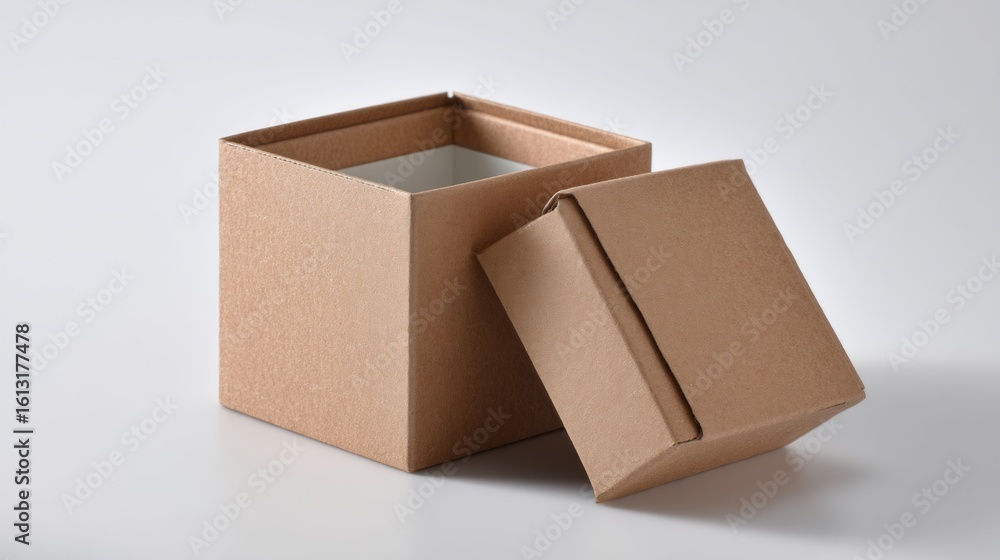 Fototapeta premium Open brown cardboard box with detached lid on clean blue background for shipping packaging branding concept