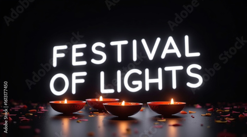 Illuminated diyas and a neon sign reading festival of lights create a festive and vibrant atmosphere, perfect for celebrating the hindu festival of diwali