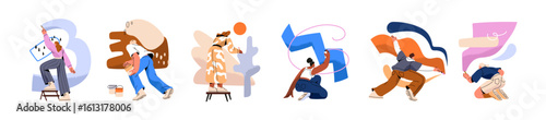 People writing on wall back view set. Talented artists are painting. Creative painters are drawing graffiti. Men and women create abstract art with paint. Flat isolated vector illustrations on white