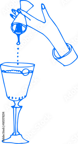 Hand pouring golden liquid from bottle into tall glass; dynamic splash, mixology concept