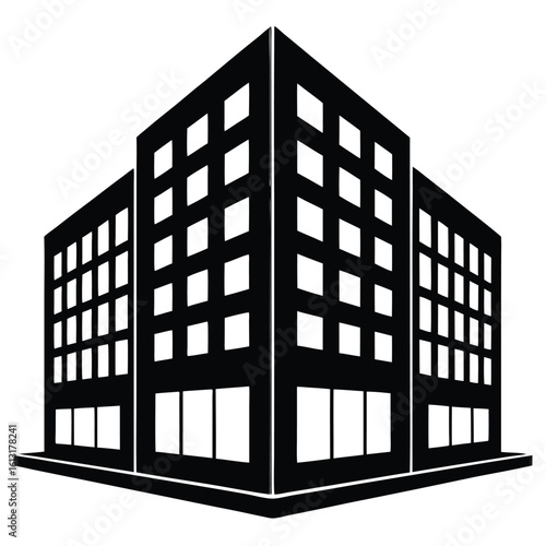 Office Bulding vector silhouette Single collection, Office Buildings Icon Square Button Set
