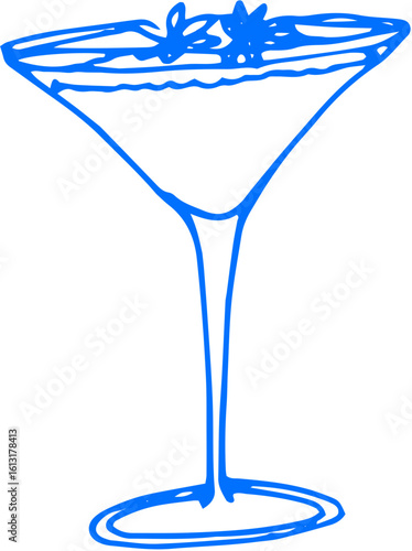 Cocktail glass with citrus wedge and straw, stylized in blue outline