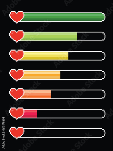 A set of pixelated health bars with heart icons, showing decreasing levels of health from green to black.