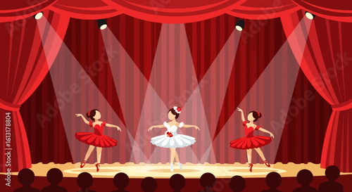 Adobe illustrator artwork vector illustration of elegant ballerinas performing on stage in red and white tutus, under dramatic lighting and curtain backdrop, ideal for dance and theater themes.