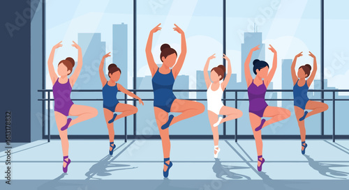 Adobe illustrator artwork vector illustration of ballet dancers practicing in a sunlit studio with city view, showcasing graceful poses, vibrant outfits, and elegant choreography.