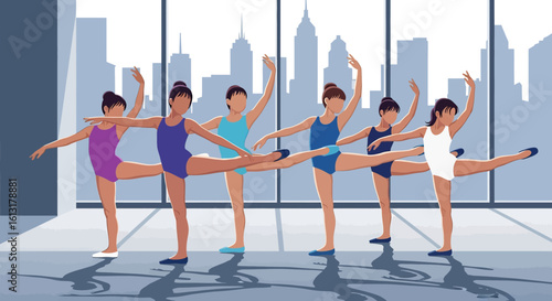 Adobe illustrator artwork vector illustration of ballet dancers practicing in a sunlit studio with city view, showcasing graceful poses, vibrant outfits, and elegant choreography.