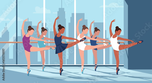 Adobe illustrator artwork vector illustration of ballet dancers practicing in a sunlit studio with city view, showcasing graceful poses, vibrant outfits, and elegant choreography.