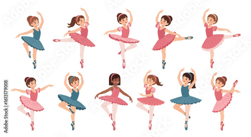 Adobe illustrator artwork vector illustration of diverse ballerinas in colorful tutus performing graceful poses, ideal for dance education, cultural themes, and creative design projects.