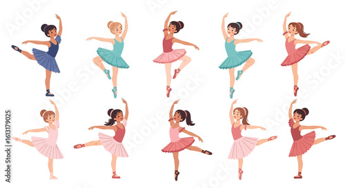Adobe illustrator artwork vector illustration of diverse ballerinas in colorful tutus performing graceful poses, ideal for dance education, cultural themes, and creative design projects.