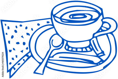 Cup of coffee on saucer accompanied by pastry or bread slice