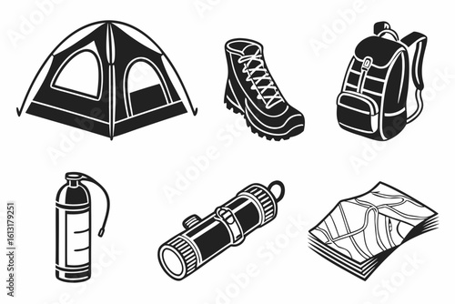 Camping Gear Collection Icons for Outdoor Adventures.