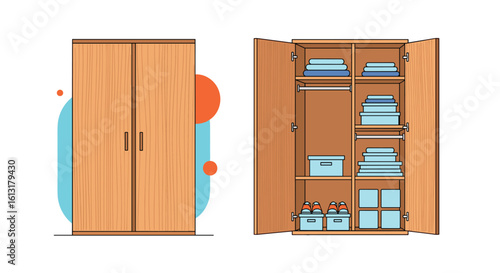 A wooden wardrobe with two doors opens to reveal neatly organized storage shelves and clothing items