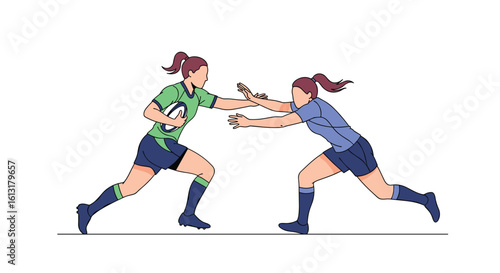 Two female athletes playing rugby demonstrating a tackle during a match competition