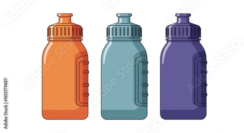 Three different color plastic bottles for water and sports drinks