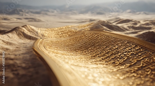 Golden Quran Opened on Desert Landscape with Distant Mountains and Bright Sky