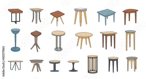 Collection of Small Tables and Pedestals with Diverse Designs and Materials