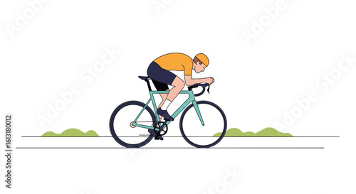 Athlete racing on a bicycle on a road with green bushes beside