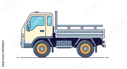 A light duty flatbed utility truck with an open cargo bed and a drivers cabin