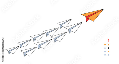 Orange Paper Airplane Leads a Formation of White Paper Planes Ascending