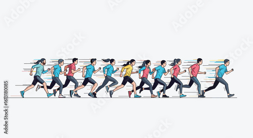 A dynamic group of athletes participating in a competitive running event with motion blurs