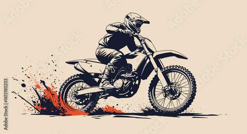 Dirt bike rider kicking up dust and mud during a race