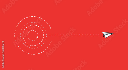 A Paper Airplane Follows a Dotted Spiral Path on a Red Background