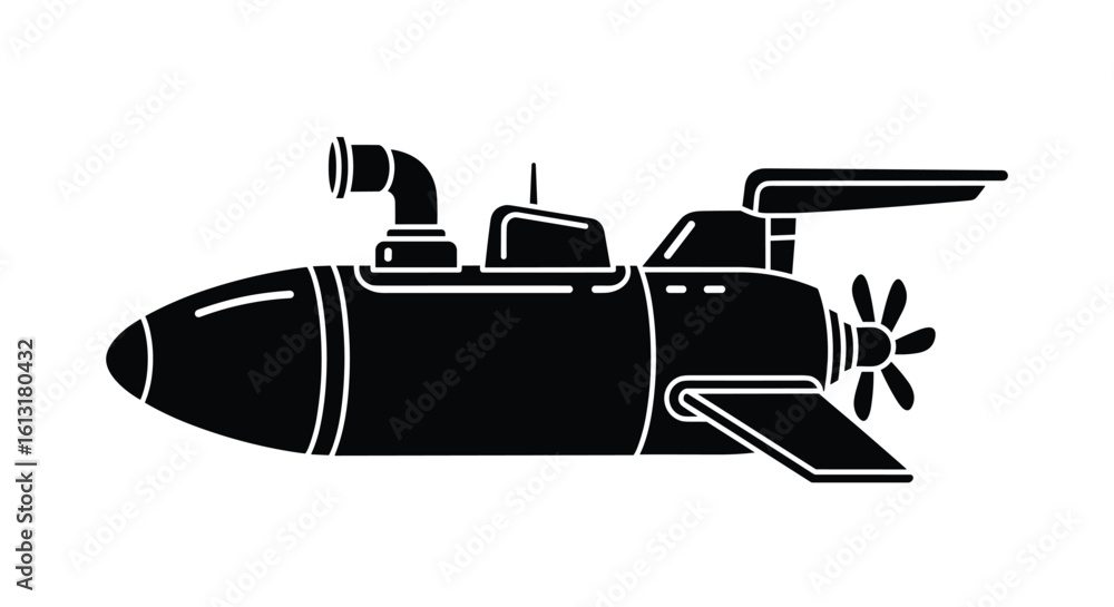 Fototapeta premium A black silhouette of a submersible vessel with a propeller and periscope