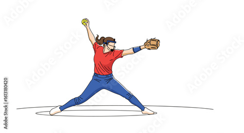 Athletic young woman in red shirt and blue pants pitching a softball with force during a game