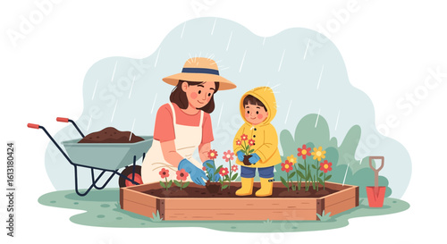 Adobe illustrator artwork vector illustration of a parent and child gardening in the rain, wearing bright raincoats, surrounded by blooming flowers, nurturing plants, and joyful outdoor bonding.