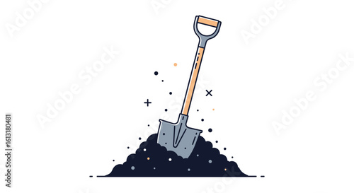 Shovel digging into fertile dark soil with small particles flying out creating a mound