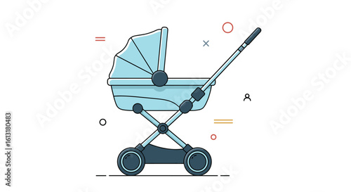 A Light Blue Baby Carriage With A Tall Handle And Four Wheels On A White Background