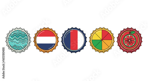 A Collection of Distinctive Bottle Caps Featuring Global Designs and Abstract Patterns