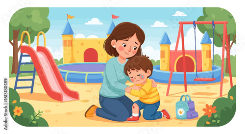 Adobe illustrator artwork vector illustration of a mother hugging her child in a sunny park with slide and swing, capturing joyful bonding, parenting love, and playful outdoor family moments.