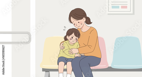 Adobe illustrator artwork vector illustration of a mother holding her child in a clinic waiting room, highlighting emotional bonding, parenting care, and family presence in a healthcare setting.