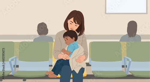 Adobe illustrator artwork vector illustration of a mother holding her child in a clinic waiting room, highlighting emotional bonding, parenting care, and family presence in a healthcare setting.