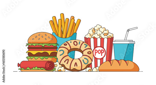 A Colorful Collection of Delicious Fast Food Items and Snacks