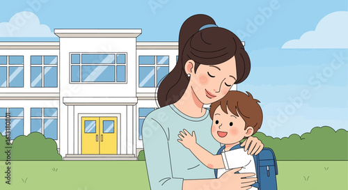 Adobe illustrator artwork vector illustration of a mother comforting her sad child outside a school building, showing emotional support, parenting care, and back-to-school moments.