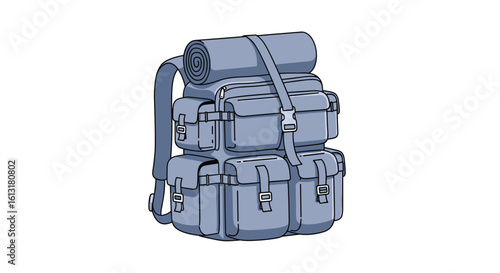 Durable Blue Hiking Backpack with Multiple Pockets and Rolled Mat on Top