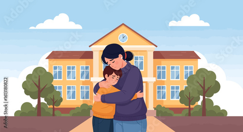 Adobe illustrator artwork vector illustration of a mother comforting her sad child outside a school building, showing emotional support, parenting care, and back-to-school moments.