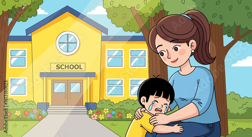 Adobe illustrator artwork vector illustration of a mother comforting her sad child outside a school building, showing emotional support, parenting care, and back-to-school moments.