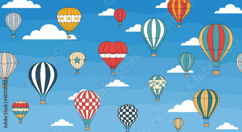 Colorful Pixel Art Hot Air Balloons Floating Through a Cloudy Blue Sky