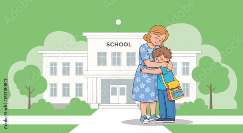 Adobe illustrator artwork vector illustration of a mother comforting her sad child outside a school building, showing emotional support, parenting care, and back-to-school moments.