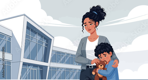 Adobe illustrator artwork vector illustration of a mother comforting her sad child outside a school building, showing emotional support, parenting care, and back-to-school moments.