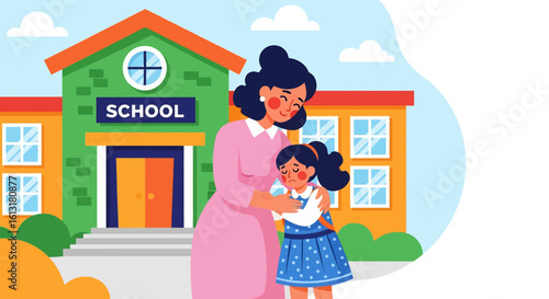 Adobe illustrator artwork vector illustration of a mother comforting her sad child outside a school building, showing emotional support, parenting care, and back-to-school moments.