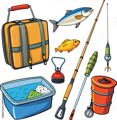 Cartoon Fishing Equipment Illustration with Transparent Background Colorful