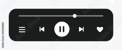 Minimalist black and white audio player with playback controls and a heart icon vector